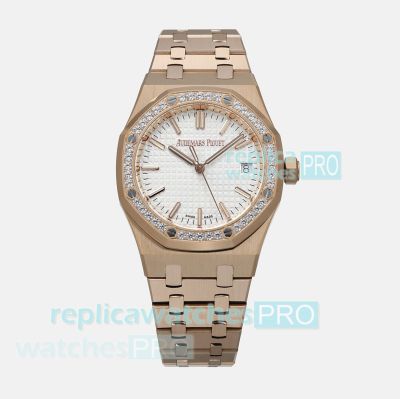 IPF Swiss Copy Audemars Piguet Royal Oak 37mm Diamond Rose Gold White Dial Watch 